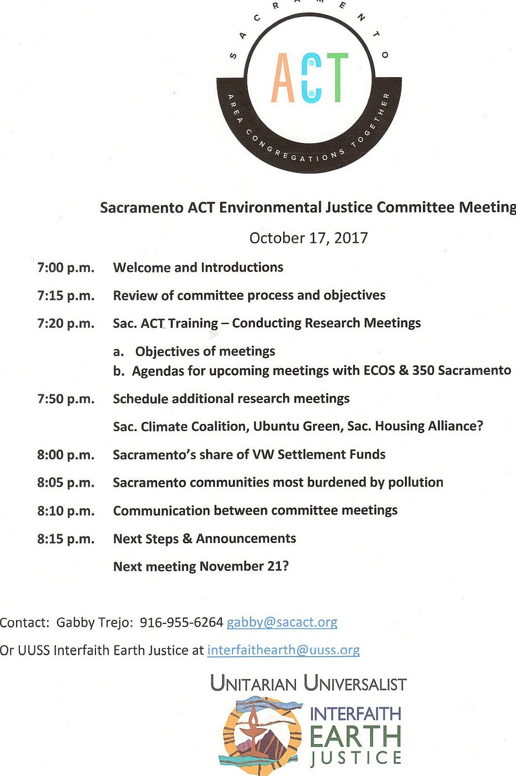 Sac ACT October 17 EJ Meeting Agenda