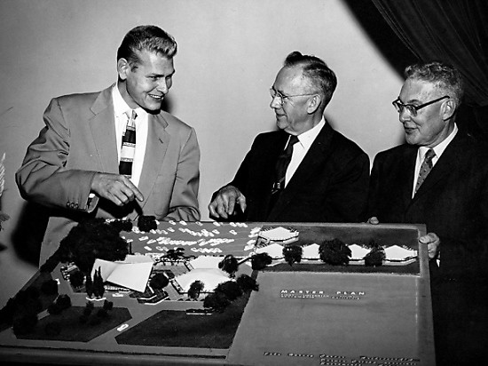 John Harvey Carter, Ted Abell and Carl Anderson with Master Plan for new church building, 1958
