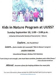 A Kids in Nature Program at UUSS?  Discussion Sun., Sep. 10 @ 1:00 - 2:00 p.m. UUSS Library