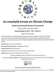 Interfaith Forum on Climate Change at UUSS Sunday October 8 @ 1:00 - 3:15 p.m.