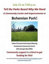 July 31 @ 7:00 p.m. Support a Community Center for Bohemian Park!
