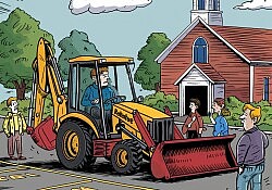 a_backhoe_is_sitting_in_a_church_parking_lot_pe