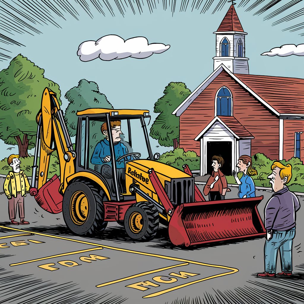 a_backhoe_is_sitting_in_a_church_parking_lot_pe